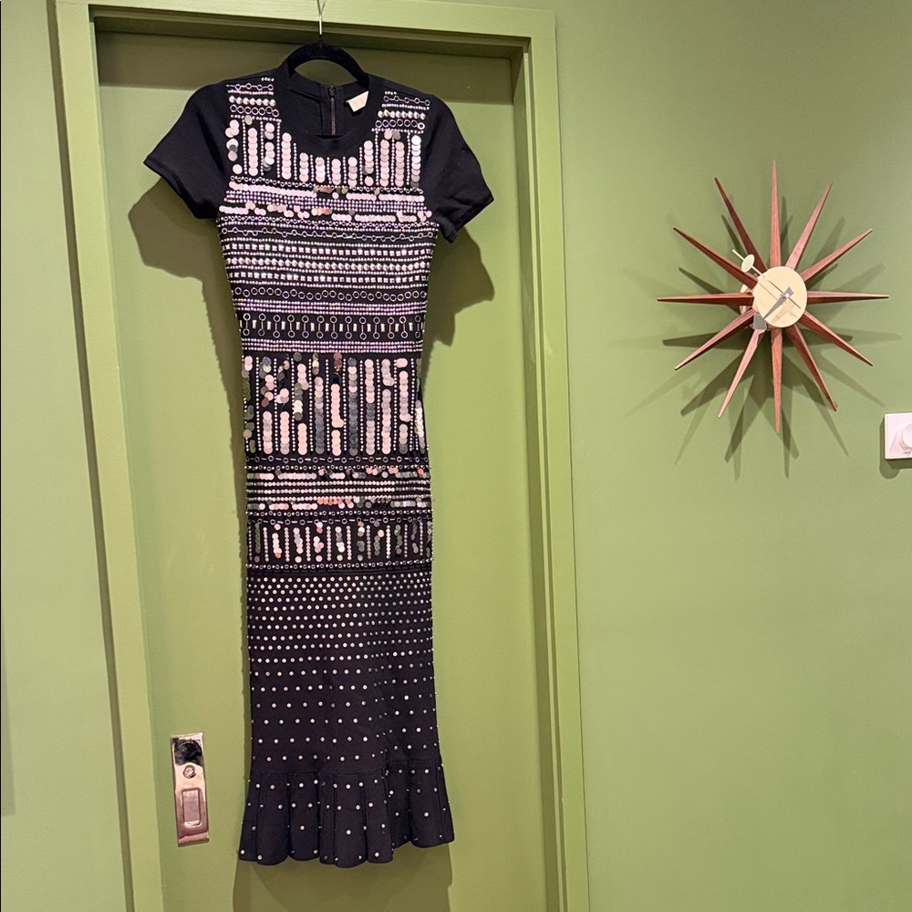 MICHAEL Michael Kors Black and silver metallic paillette Patterned Midi Dress XS